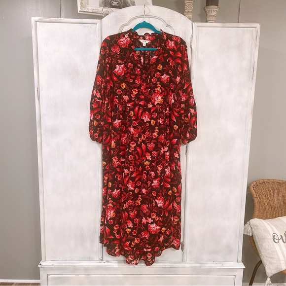 Terra & Sky Dresses & Skirts - Terra & Sky Red & Black Floral Print Midi Dress Size 0X